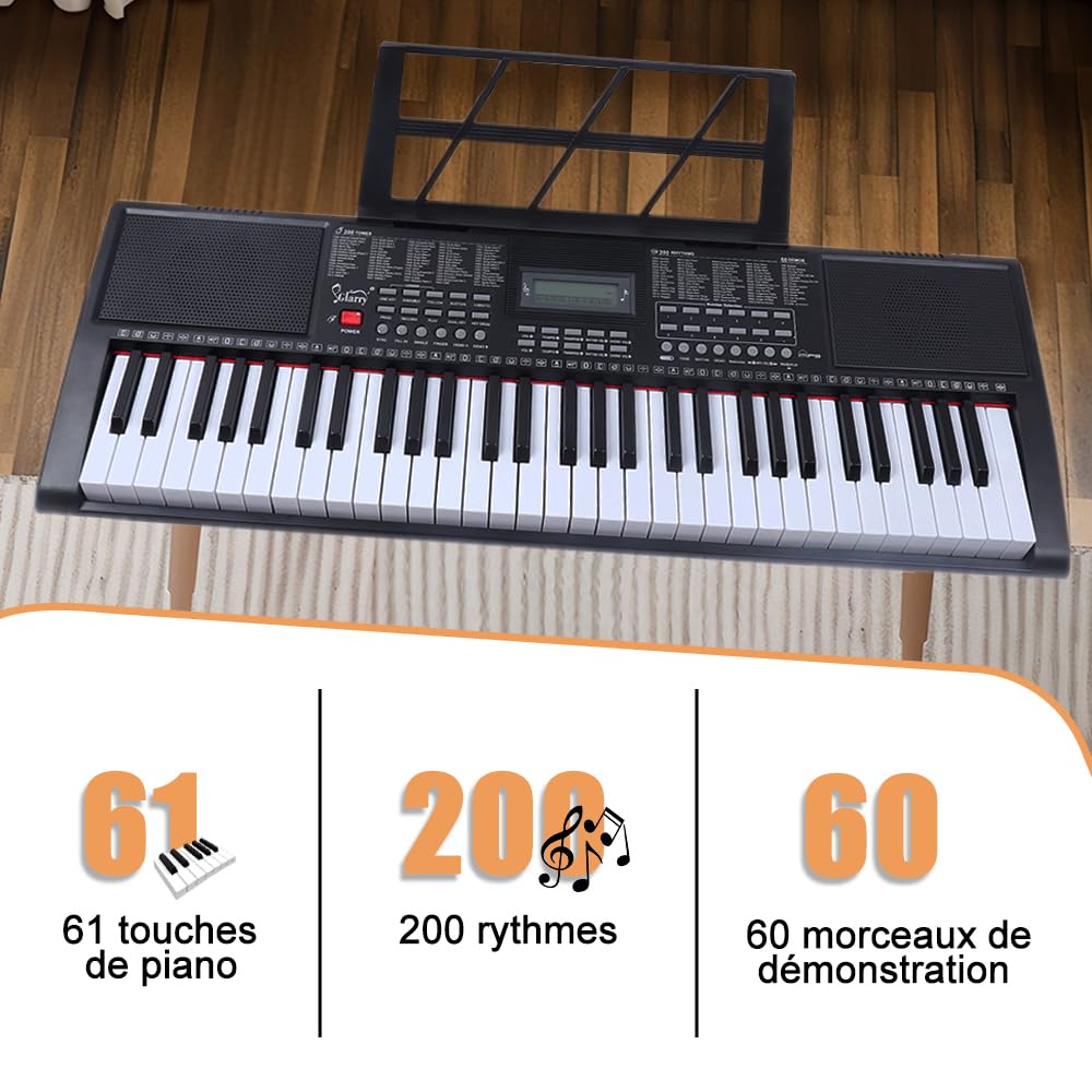 LEADZM Clavier Piano 61 Touches, Piano Numérique avec Pupitre, Casque, Microphone, Écran LED, 200 timbres, 200 rythmes ainsi que 60 morceaux de démonstration