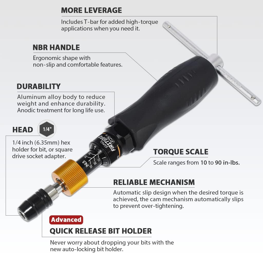 FIRSTINFO H5188 Precision Certified Limited Torque Screwdriver 10-90 in-lbs with 1/4 Inch Universal Hex Bit Holder Quick Release Design with Extra T-Handle