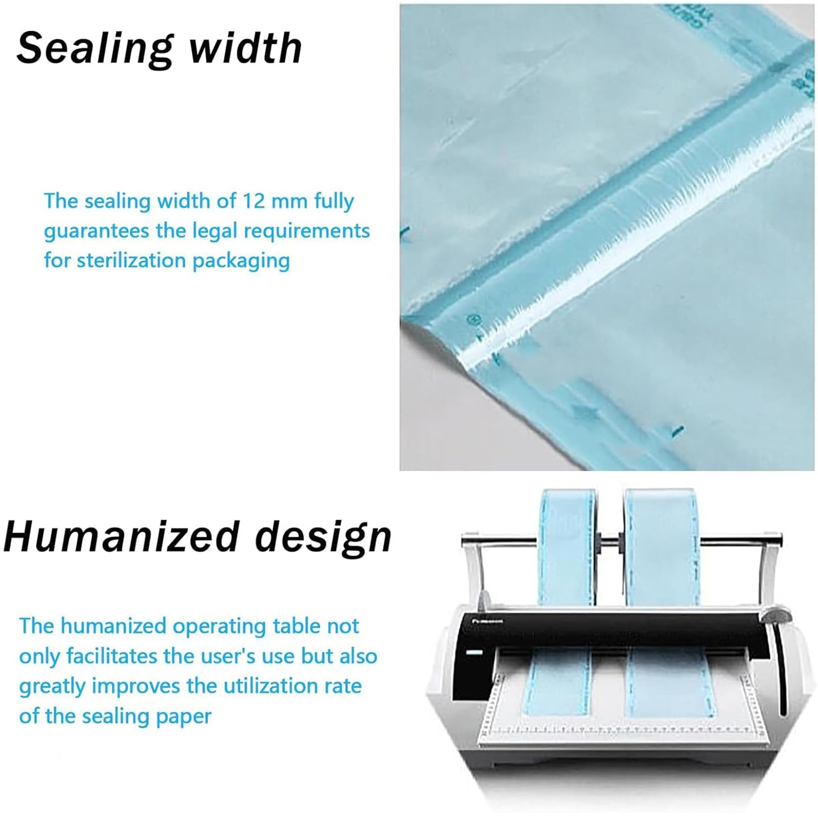 Máquina selladora de Bolsas dentales, selladora automática de envases dentales 100 W, Ancho de Sellado 300 mm y Ancho de sangría 12 mm, para odontología, clínicas y hospitales.