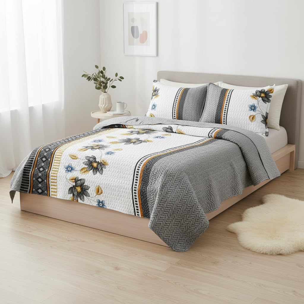 CozyCreatures Duvet Cover Queen Size Grey 4-Piece Queen Duvet Cover Vintage Bohe Striped Grey Floral Bedding Set Comforter Cover with Zipper Closure 4 Corner Ties 1 Fitted Sheet 2 Pillowcases