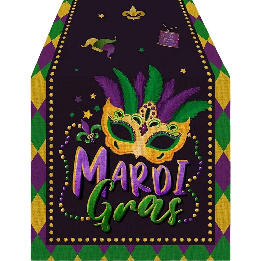 Ppmter Mardi Gras Table Runner Purple Green Carnival Mask Fleur De Lis Tablecloth Masquerade Party Kitchen Dining Home Decoration