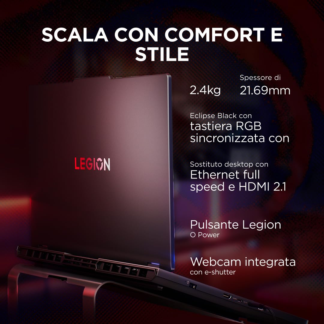 Lenovo Legion Pro 5 Gaming Laptop - Display IPS WQXGA 16" 240Hz, NVIDIA GeForce RTX 5070 8GB, AMD Ryzen 9 8945HX, RAM 32GB, SSD 1TB, Windows 11 Home, Tastiera RGB italiana - Eclipse Black