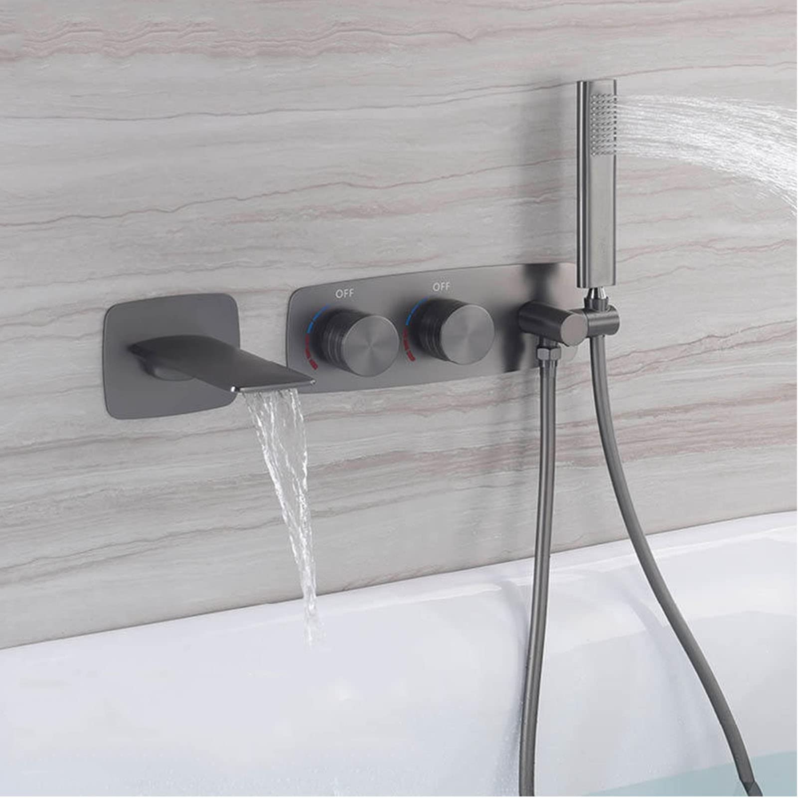 JYBNBBE Bathtub Faucet with Hand Shower, Wall Mounted Bathtub Faucet 4 Holes 2 Handles, Tub Filler with Sprayer, Bath Shower Mixer Tap, Tub Faucet Brass,Grey (Grey)
