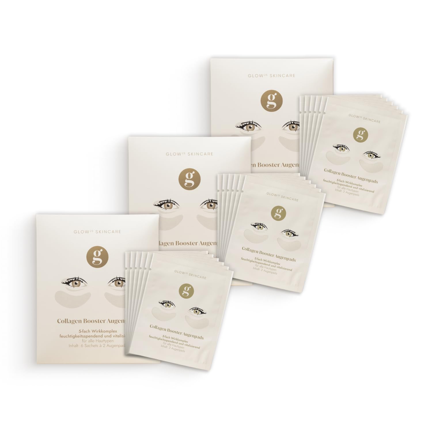 Glow25® Kollagen Augenpads [3x6 Sachets] mit 18 Highlight-Wirkstoffen – Eye Pads mit Hyaluronsäure – Aktiviert Kollagenbildung – frei von Silikonen, Parabenen
