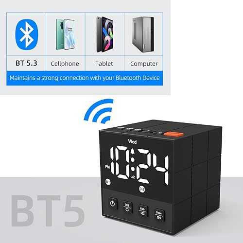Miniatura 4 de Reloj despertador con altavoz Bluetooth con sonido cristalino, graves intensos, pantalla LED regulable, reloj digital pequeño para dormitorio, reloj