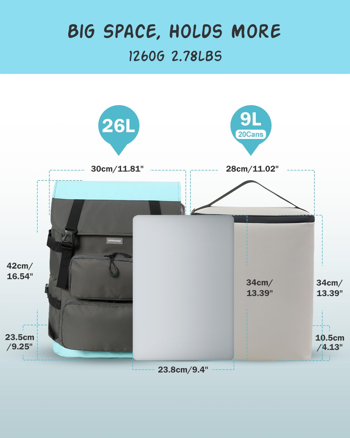 Odoland 2 in 1 Kühlrucksack - Separat Nutzbare Kühltasche 9L und 26L Hauptfach, 10 Stunden Kältehaltung, Auslaufsicher, Wasserdicht, Isolierter Picknickrucksack für Einkaufen, Camping, Strand, Arbeit