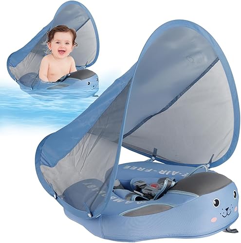 Miniatura 5 de Entrenador de natación para bebés, asiento acuático no inflable, entrenador de piscina para bebés, diseño de toldo sólido  Protección UPF 50+,