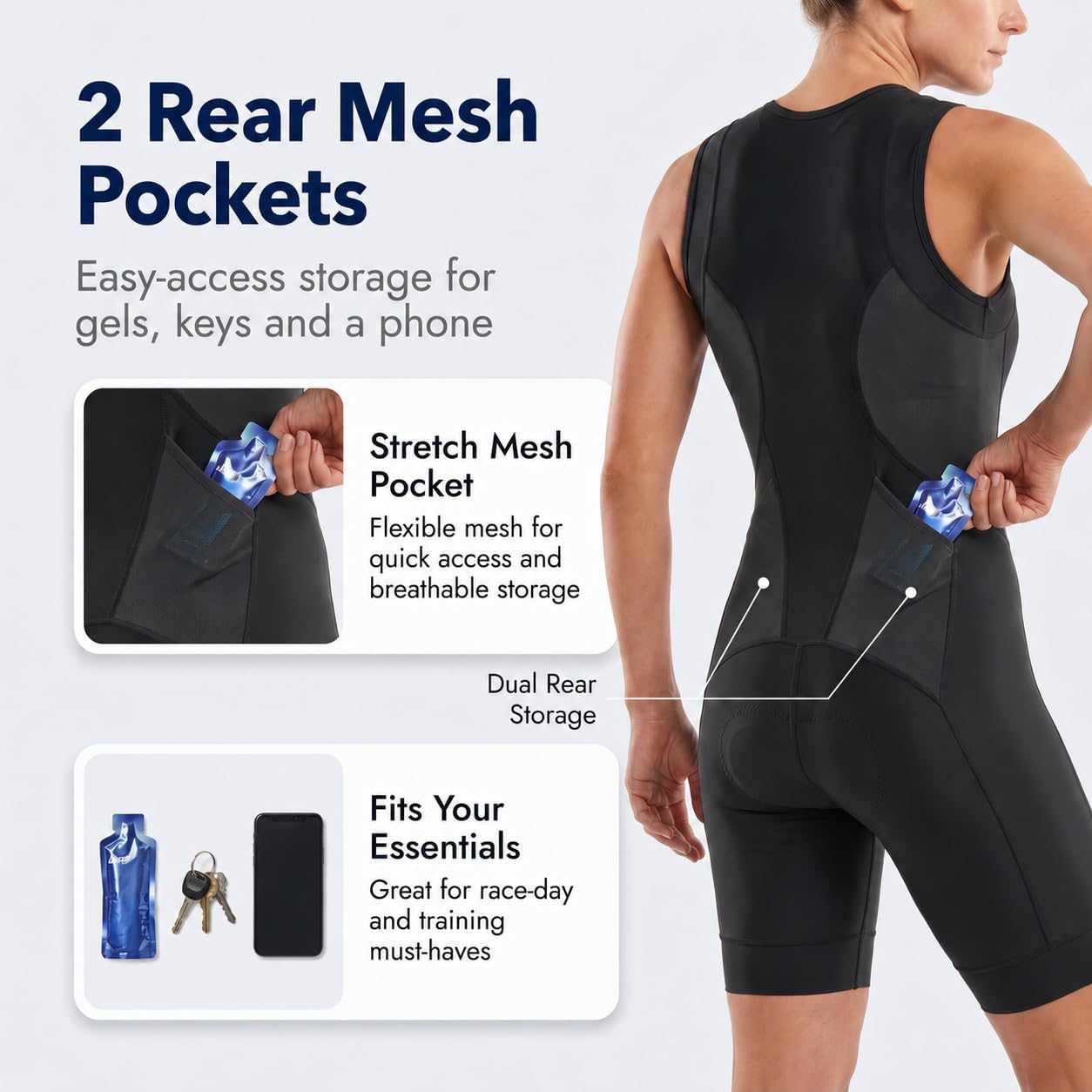 Przewalski Damen Triathlonanzug Ärmellos Trisuit mit Polster Half-Zip 2 Rückentaschen