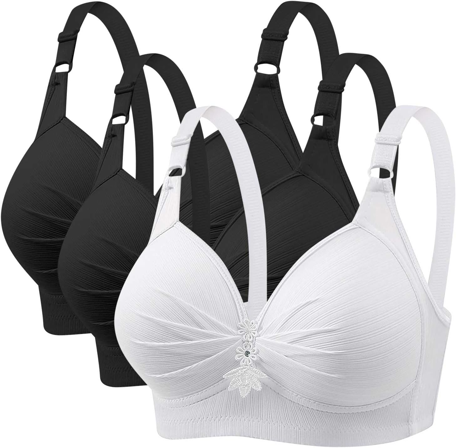 3 Pack Bras for Women Full Coverage Non Wired Push Up Everyday Bra No Underwire Bralets Ladies Wireless Wide Straps Bralettes Adjustable Comfort Lingerie Padded Bra XS-4XL