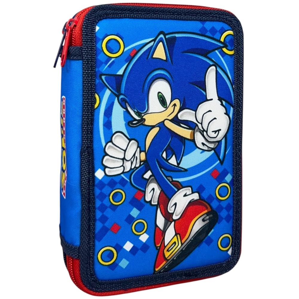 CARTOON Astuccio 3 zip Sonic completo 44 pezzi cancelleria multiscomparto penne matite colori pennarelli giotto per la scuola