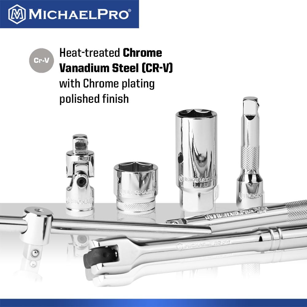 MichaelPro 50-Piece 3/8'' Dr. Socket Set, 90-Tooth Standard & Deep Sockets, SAE 3/8''- 13/16'' & Metric 8-22mm, with Extensions, 8'' Flex Handle, Sliding T-Bar, Universal Joint, CR-V Steel | MP005060