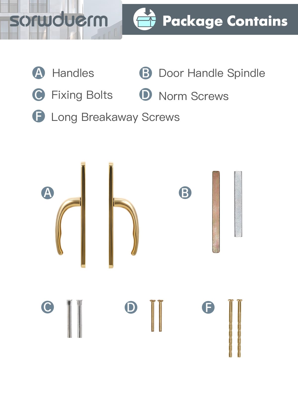 SORWDUERM Pvd Gold Door Handles Set 92mm PZ Centres 210mm Screw Hole Distance 240mm Backplate Length Replacement Door Lever for UPVC Composite Timber Door Stainless Steels - Image 3