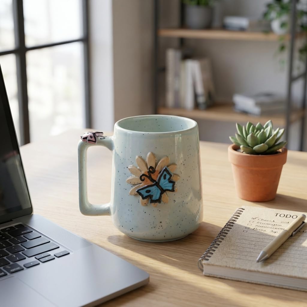 Kalaa By N Ceramic Coffee Mug 300ml Butterfly Flower Design | Handmade Tea Cup for Home Office | Microwave Dishwasher Safe | Gift for Women Girls Set of 1 - Image 6 thumbnail