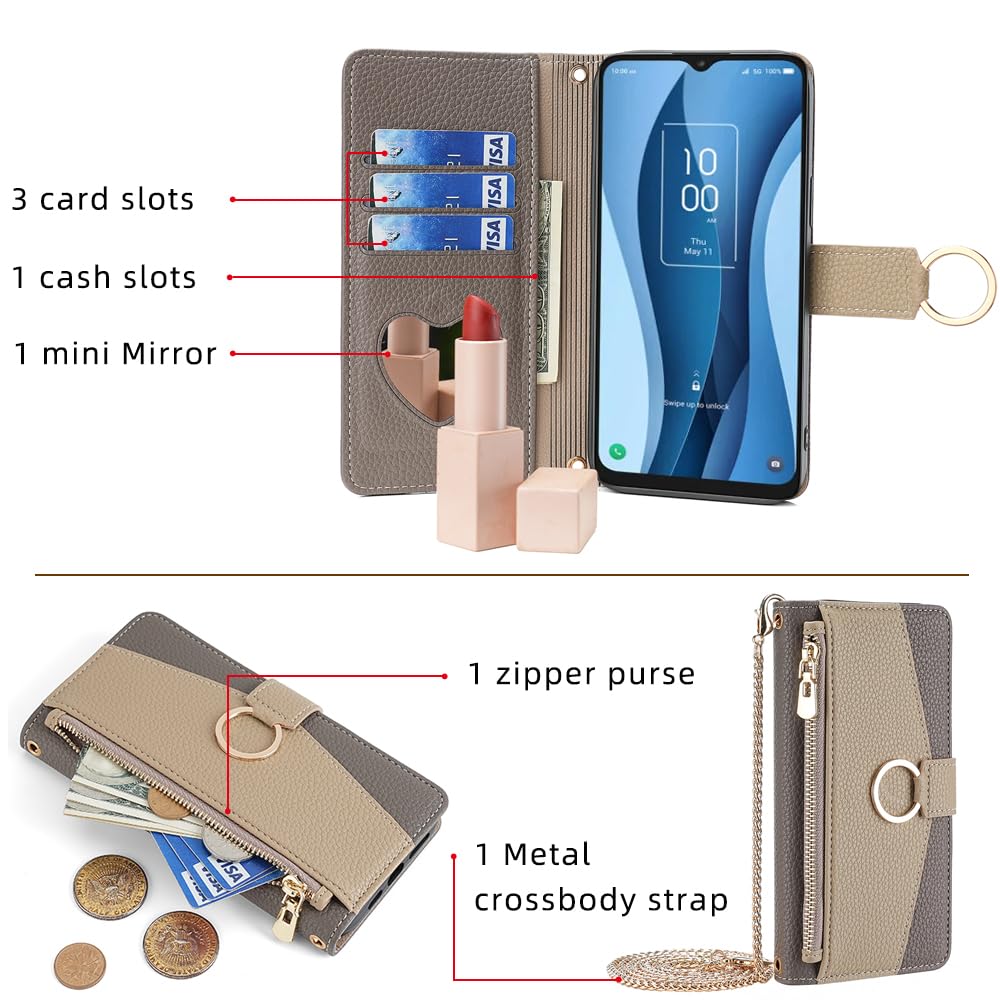 CasurvivePro Wallet Case Compatible for Xiaomi Redmi Note 12 4G with Crossbody Strap, Magnetic Handbag Zipper Pocket Cases PU Leather Flip Shockproof Cover with Kickstand Redmi Note 12 4G Gray - Image 2