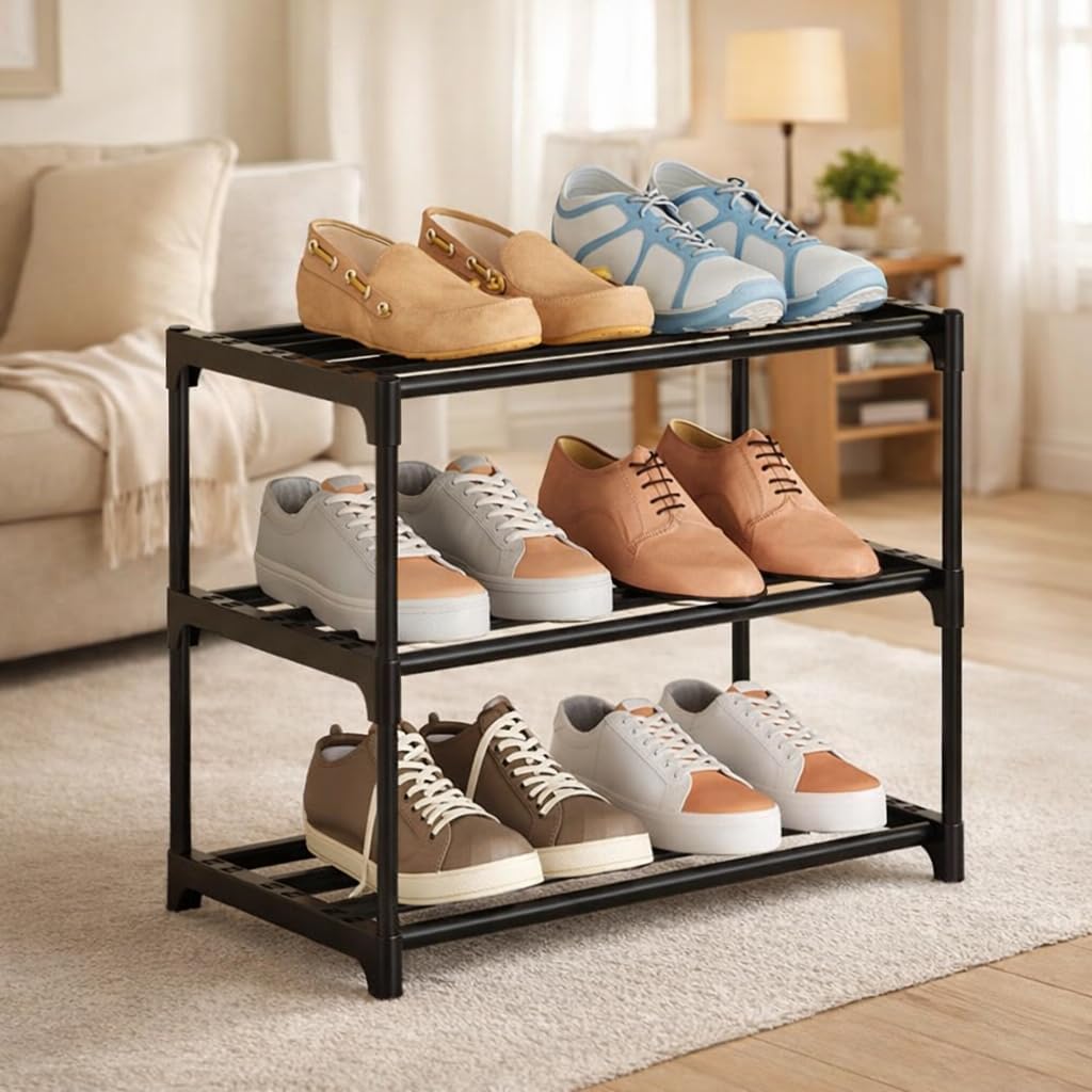 3 Tier Shoe Rack, Black | Stackable, Space-Saving plastic Frame, Holds 9-12 Pairs-image-26