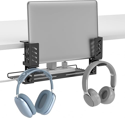 KDD Soporte de almacenamiento 3 en 1 para laptop, bandeja ajustable para organizar cables debajo del escritorio con colgador para auriculares y