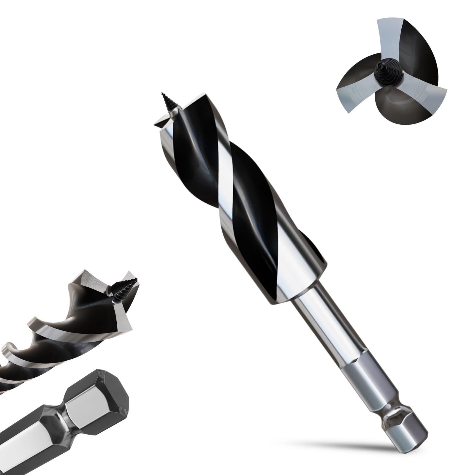 METOTY 26mmx155mm Auger Drill Bit Extra Long Drill Bits，12mm Hex Shank for Wood with Quick Change - 3-Cutter Design with Dual-Flute for Fast Chip Removal, Fits Hardwood, Softwood, PVC, Drywall