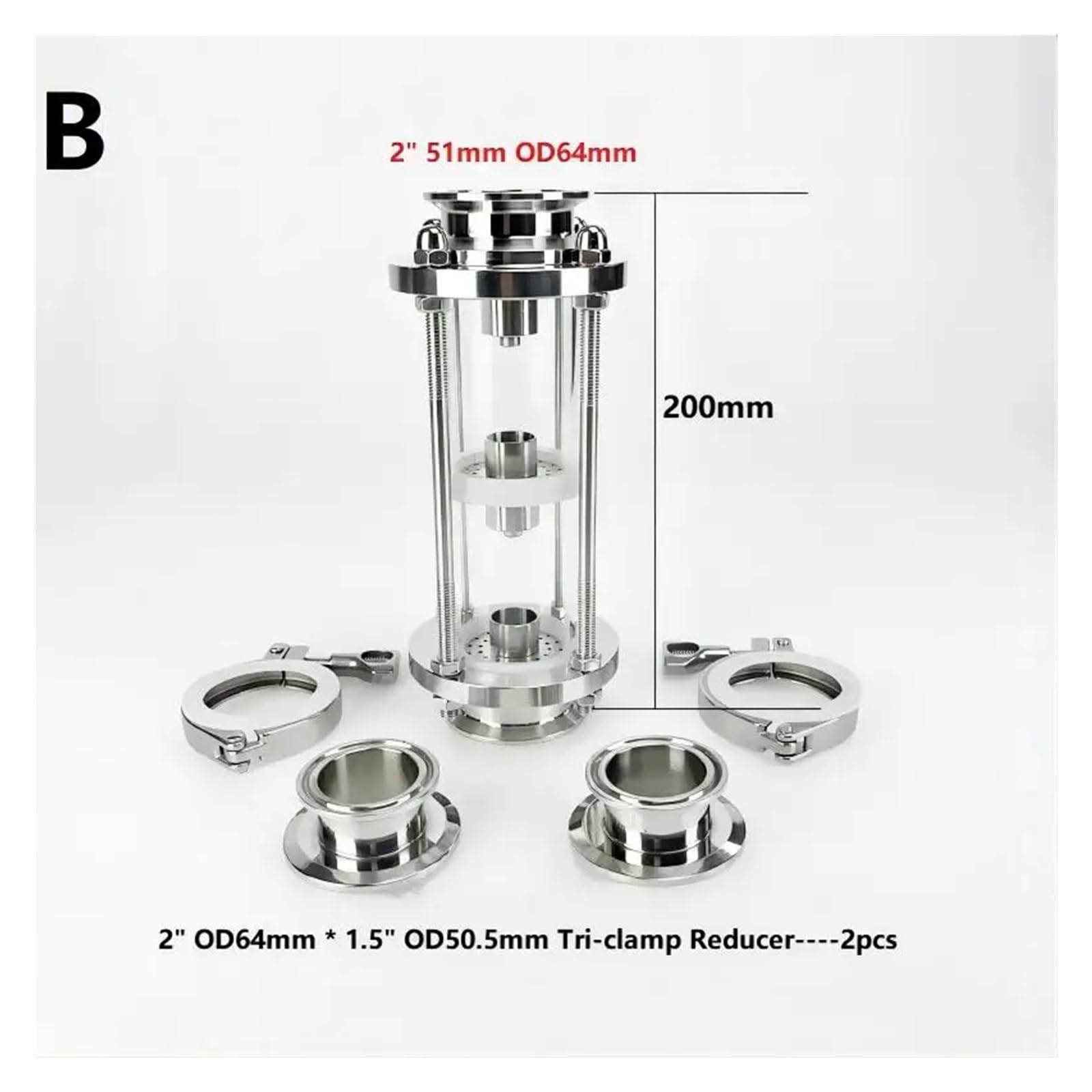Colonna for Lenti di Distillazione Colonna di Lenti di distillazione da 2" a 3 Piani con Set di Piastre a Bolle in Acciaio Inossidabile 304, Unione con Vetro Spia Tri-Clamp(B1)