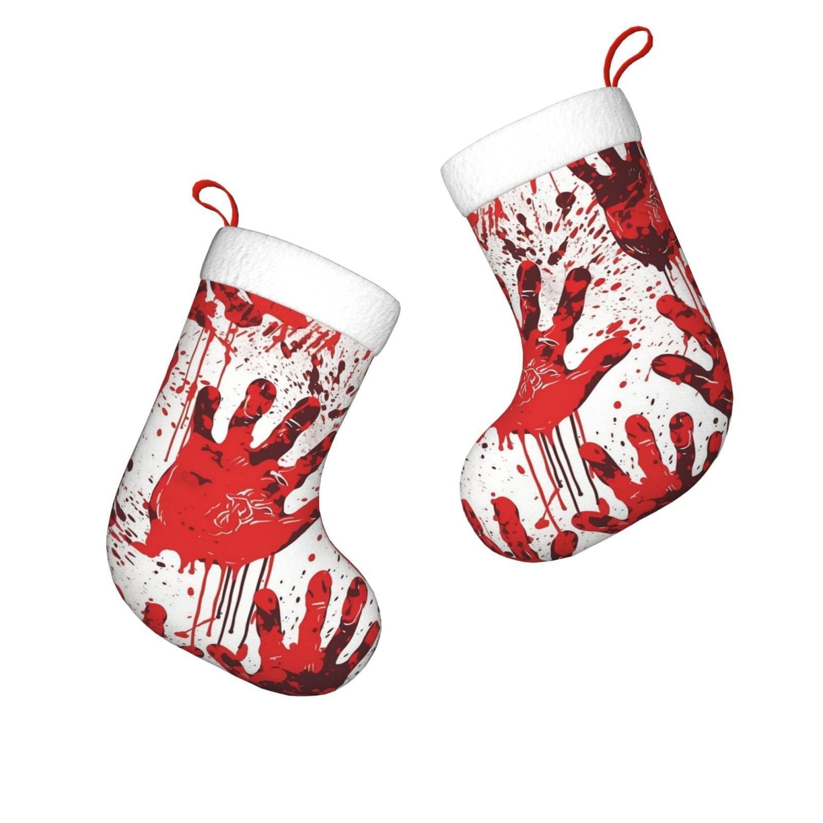 FodPand 17.7" Christmas Stocking 1 Piece, Bloody Handprints Xmas Stockings with White Plush Cuff Fireplace Hanging Stocking for Christmas Holiday Party Decoration