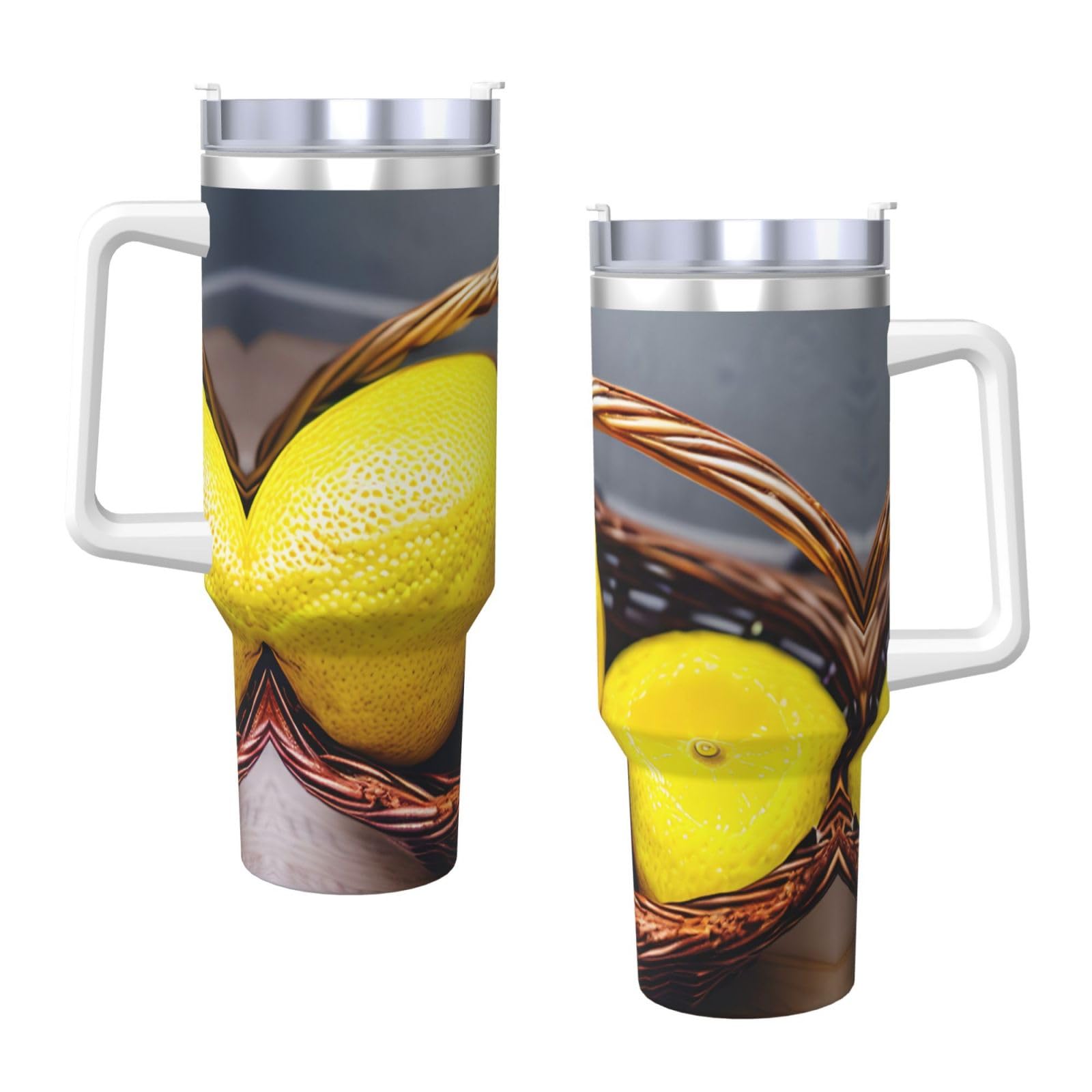 One Basket Trinkflasche aus Edelstahl, doppelwandig, isoliert, mit Griff und Strohhalm-Deckel, 1,2 l, Zitronengelb