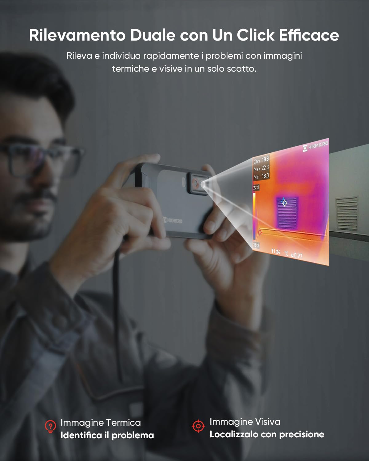 La termocamera compatta HIKMICRO E03 ha una risoluzione SuperIR di 240x240 e una camera visibile con risoluzione 96x96/9216 pixel, 25 Hz, display touchscreen da 3.5", IP54, da -20°C a 350°C