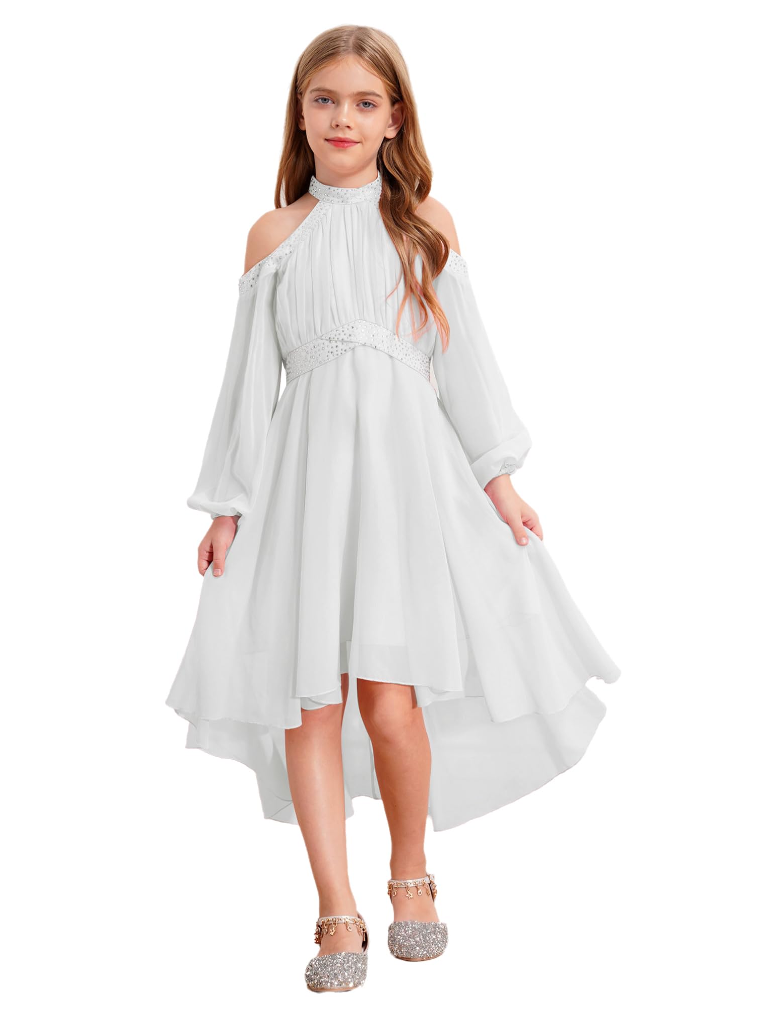 FYMNSI Abito da bambina a forma di fiore, abito lungo da sera, per ragazze, da principessa, in tulle, per matrimonio, damigella d'onore, a maniche lunghe, per feste, festival, fiori ricamati, verde