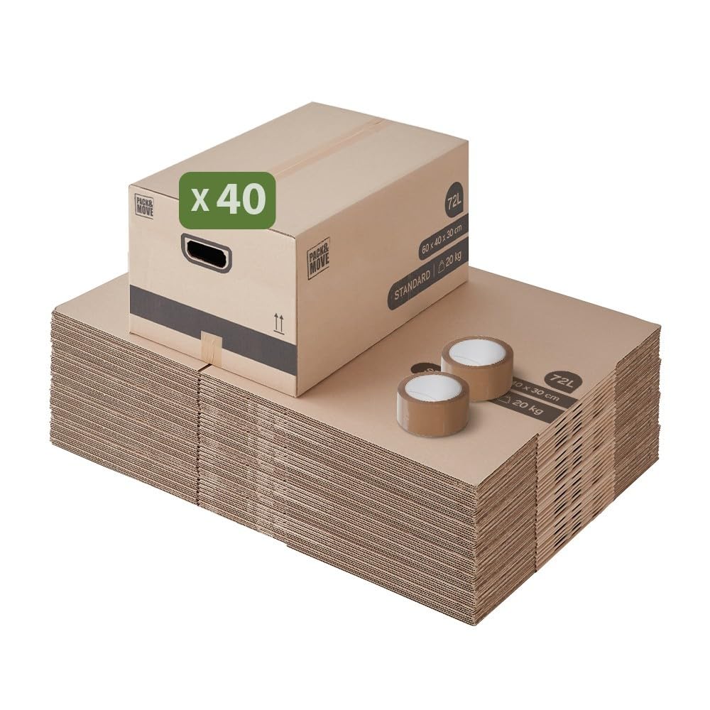 Pack de cajas de cartón para mudanza 72L - 60x40x30cm - certificados FSC 70% - Charge max 20KG - Pack and Move (40)
