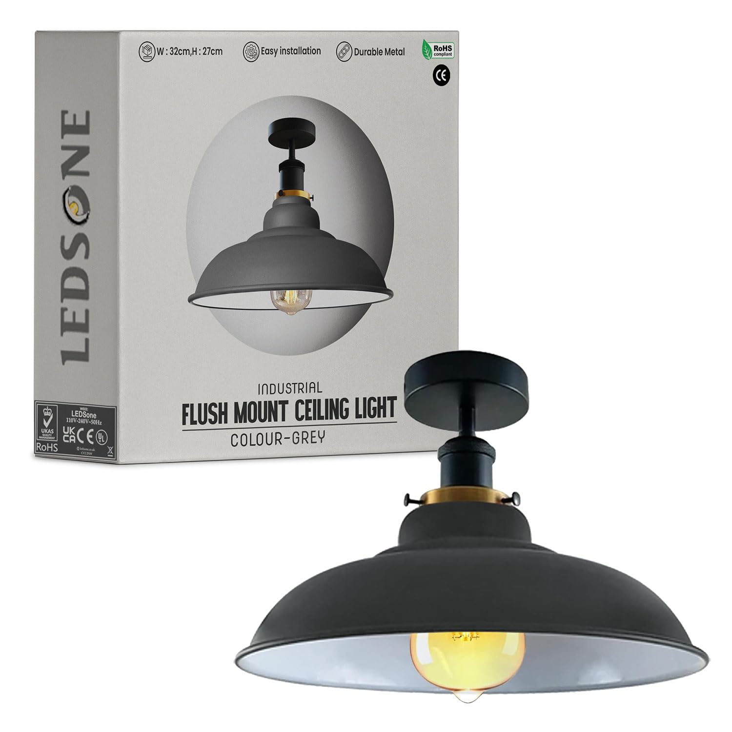 LEDSone Industrial Semi Flush Mount Ceiling Lights Metal Cone Shade E27 Base Lamp Holder Vintage Style Ceiling Lighting Lights for Living Room Hallway Ceiling Metal Large Rustic 32cm Shade Pendant
