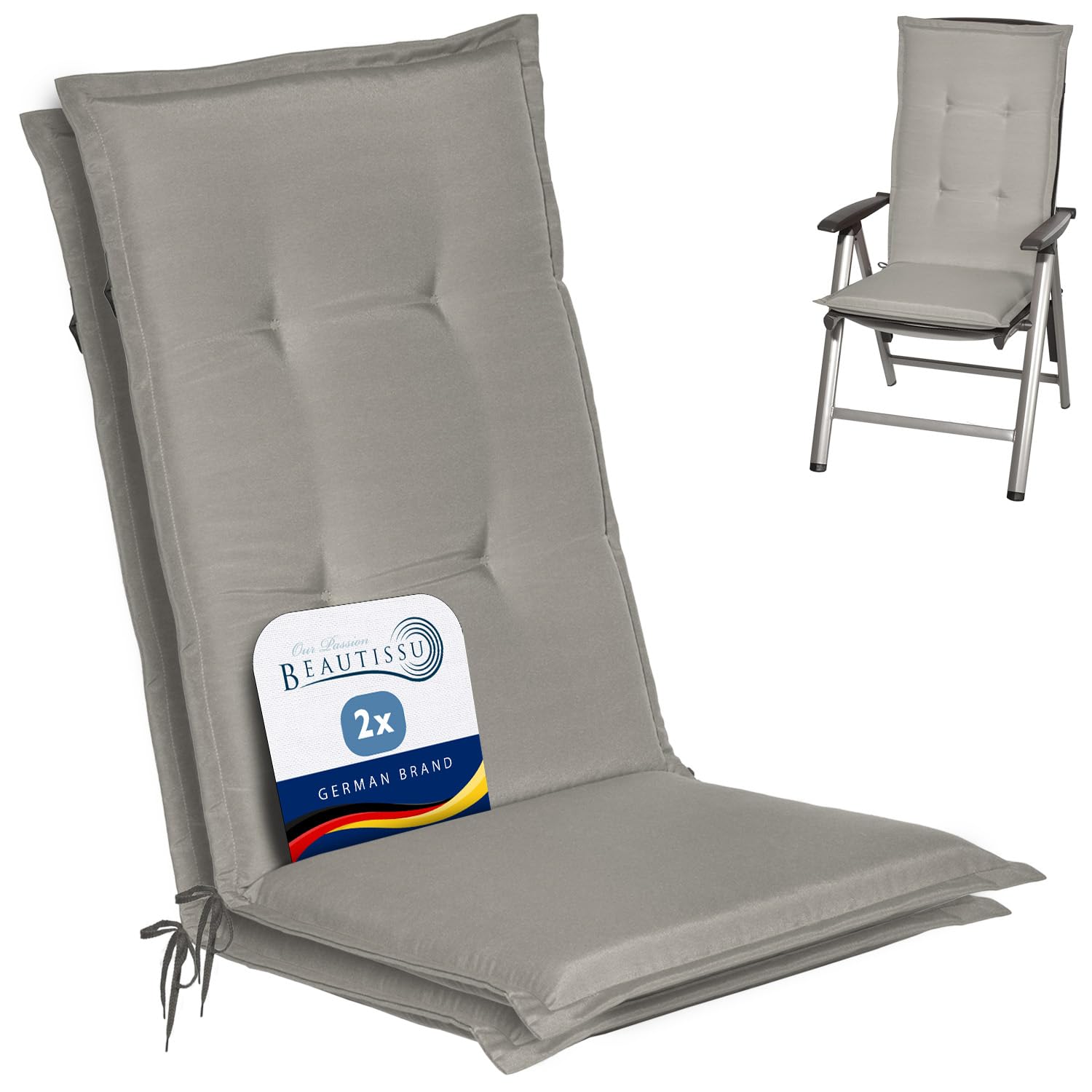 Beautissu Set di 2 Cuscini per Sedie da Esterno 120x50x6 cm Loft HL – Resistente e Comodo Anche Cuscino per Sdraio da Esterno Reclinabili Spiaggine e Poltrone – Grigio Chiaro