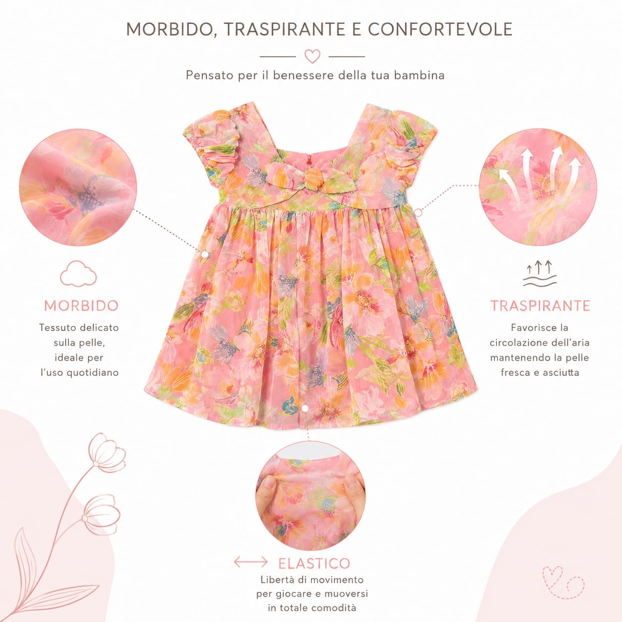 Vestido de verano para niña – Vestido floral de gasa con lazo, mangas volantes, elegante y ligero – Ideal para ceremonias, cumpleaños y ocasiones especiales, 1984