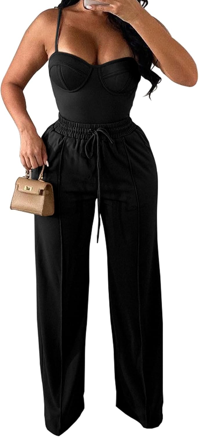PINSV Women's Casual Wide Leg Pants High Waisted Drawstring Baggy Sweatpants Elastic Straight Leg Lounge Pants - Image 4
