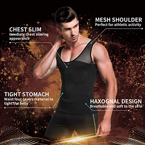 GKVK Mens Slimming Body Shaper Vest Chest Compression Shirt Abs Abdomen Slim Tank Top Undershirt, Black, X-Large