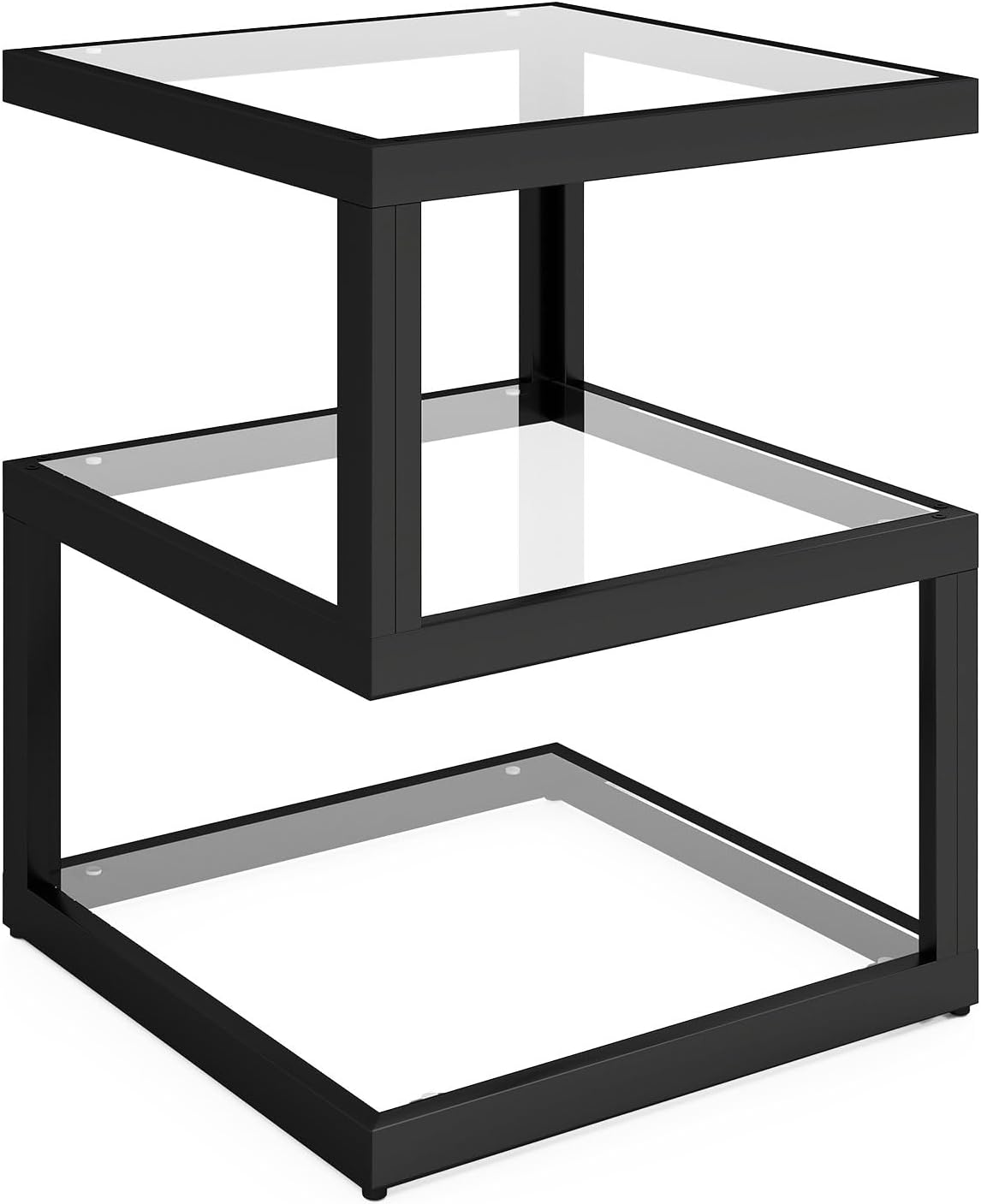 3-Tier Glass Table with LED Strip, Unique S-Shaped Design SideTable, Moderen Black Deco Table for Living Room and Bedside Room Square