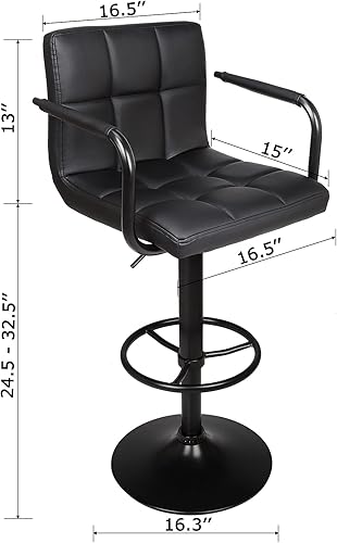 Miniatura 3 de Leopard Taburetes de bar ajustables con reposabrazos, respaldo cuadrado, doble costura giratoria con taburete trasero, juego de 2 (negro + base