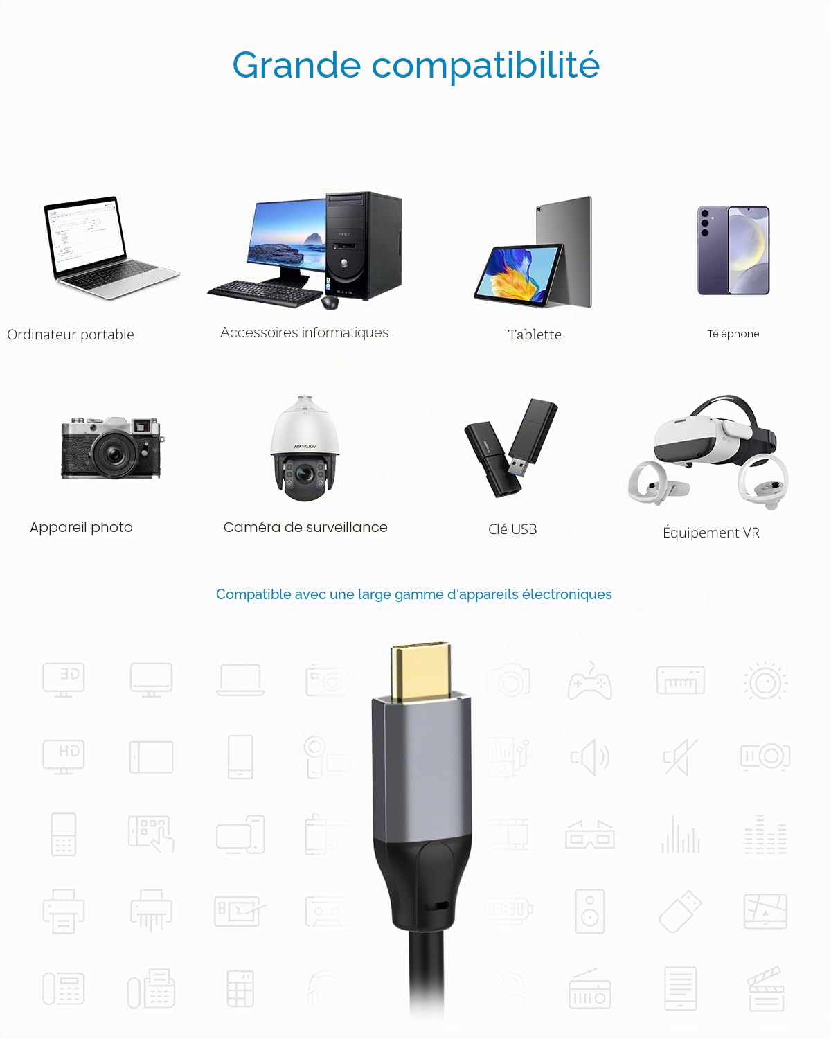 Câble d'extension USB 3.0 25 m, USB-A vers USB-C/Type C, 5 Gbps, 4 puces d'amplification de signal, alimentation USB pour MacBook, PC portables, appareils photo, imprimantes, scanners, appareils VR