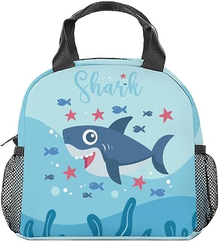 Lonchera con diseño de tiburón para niños, pequeñas loncheras aisladas, bonita lonchera reutilizable para mujeres, lonchera plegable azul para la