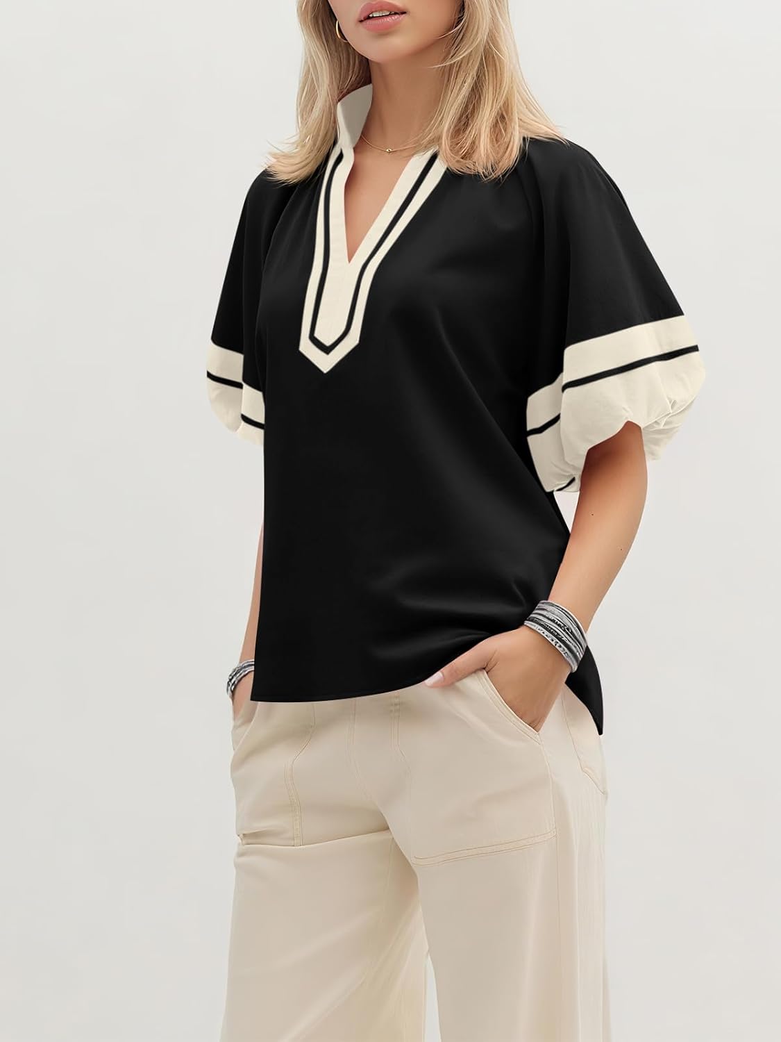 Cicy Bell Womens Color Block Puff Half Sleeve Tops Casual V Neck Blouse Loose Fit Side Split Shirts - Image 3