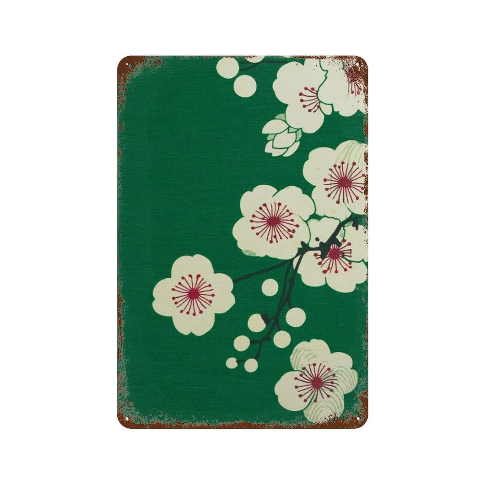 xiaoxiaoshen Emerald Sakura Blossom Japanese Floral Minimal Green Botanical Wall Decor Art Metal Tin Poster Modern Home Decor Art Home Bar Shop Decorations Vintage Sign 30x20cm