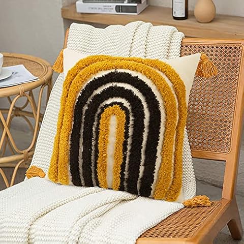 Pyonic Boho Throw Pillow Covers Decorative 18x18 Inch Rainbow Colorful Pillow Covers with Tassel Simple Cotton for Couch Sofa Bedroom Living Room Yellow Cover