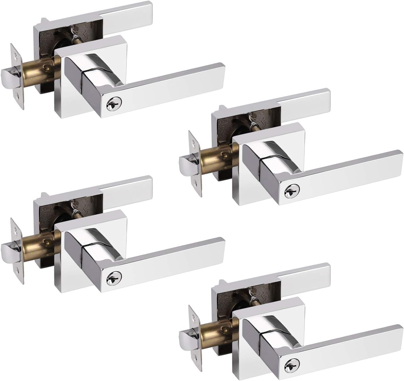 Probrico Polished Chrome Heavy Duty Keyed Entry Levers Lockset, Interior Bed/Bath Door Handles with Different Keys, Square Hardware for Right/Left Handed Doors(4 Pack)