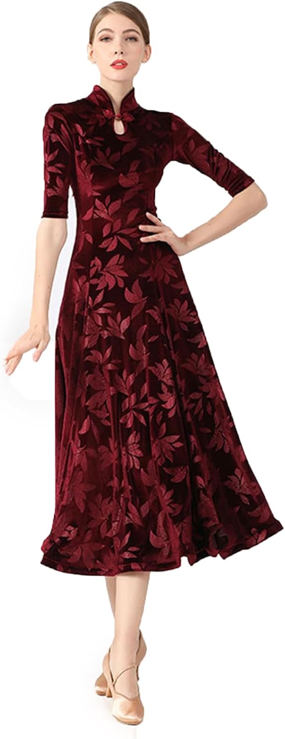 Women Cheongsam Long Dress Evening Short Sleeve Slim Fit Maxi Dress Floral Faux Silk Stand Collar Bodycon Qipao