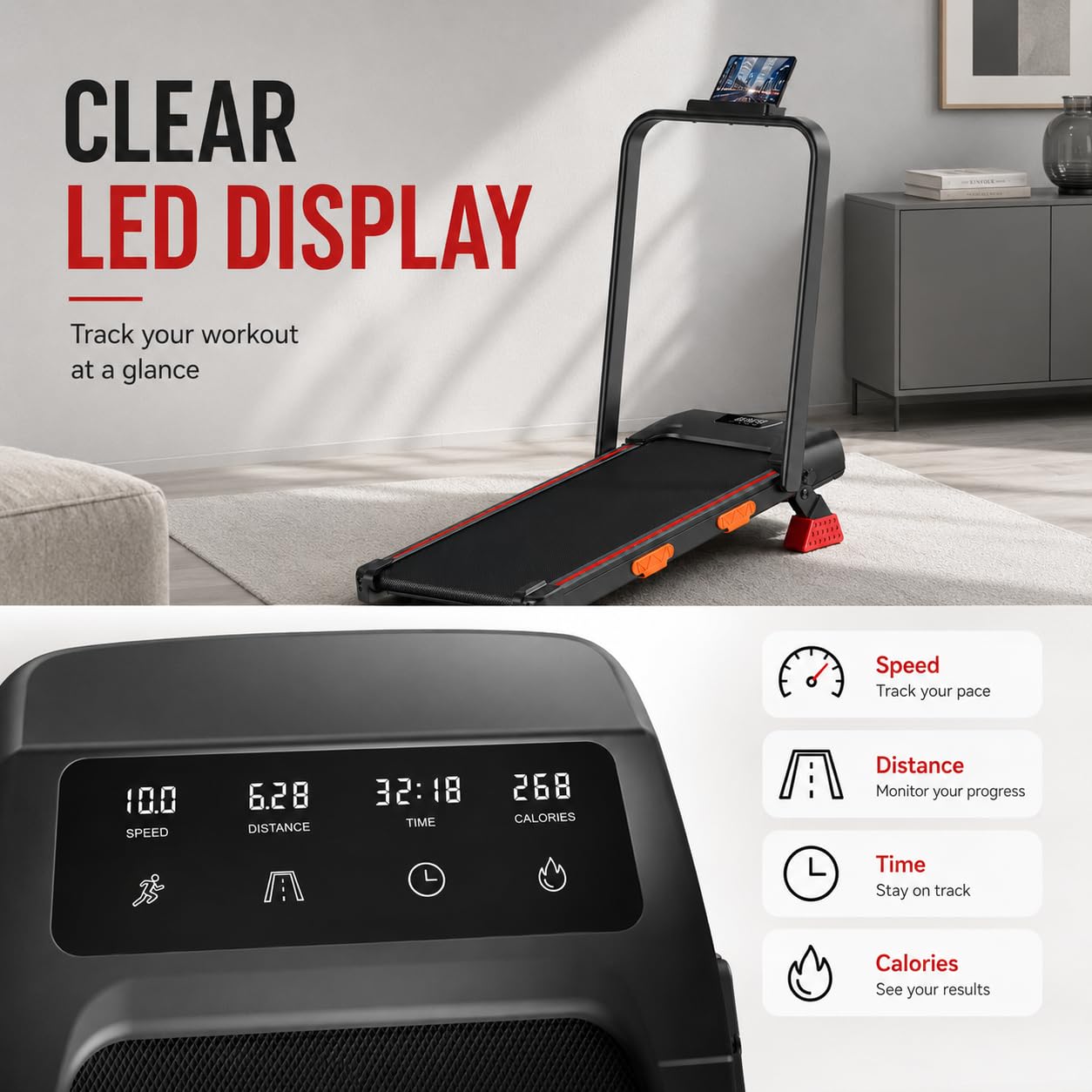 Laufband für Zuhause Klappbar Leise 3.0HP Steigung, Haus & Büro 136KG | Laufband mit Steigung 10%, 6-in-1-Walking Pad Schreibtisch, für Zuhause, LED-Display + Fernbedienung, bis 10 KM/H