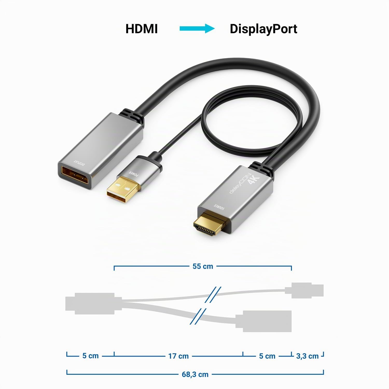 deleyCON Adaptateur 4K HDMI vers DisplayPort (pour Moniteur DisplayPort) 4K@60Hz HDR - Boîtier Aluminium - Câble Convertisseur pour PS4 PS5 Xbox PC Ordinateur Portable Moniteur