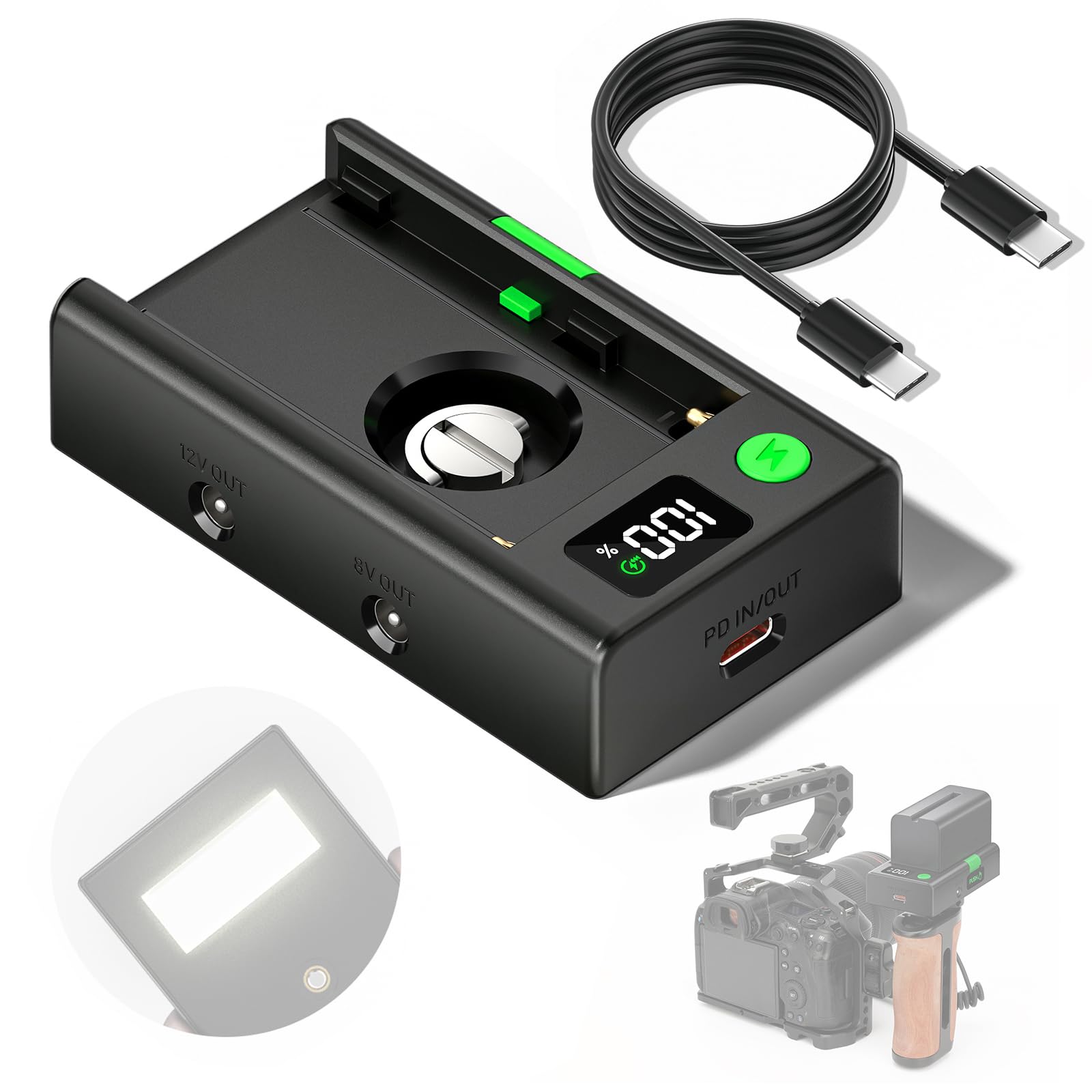 Piastra Adattatore NP-F per Batterie Sony NP-F980, 970, 960, 930, 770, 750, 550 con Ricarica Rapida PD, Luce LED/LCD, USB-A, Uscita 12V DC / 8V DC
