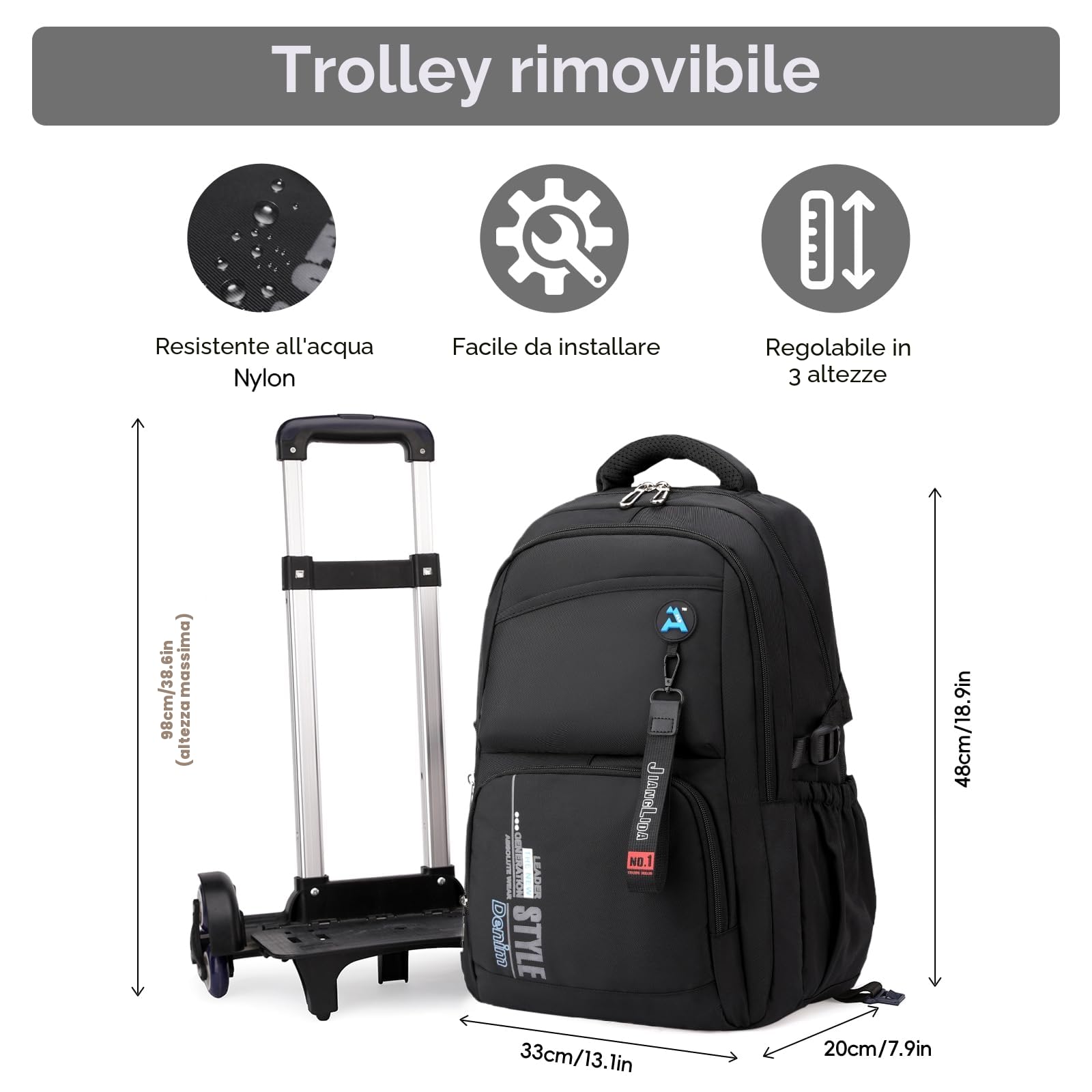 Tanou Zaino con Ruote per Ragazzi Adolescenti, Zaini Scuola Trolley Media e Superiore da 36 Litri Impermeabile, Zaino Ragazzo Grande con Carrello Rimovibile per Viaggi, 6 Rotelle