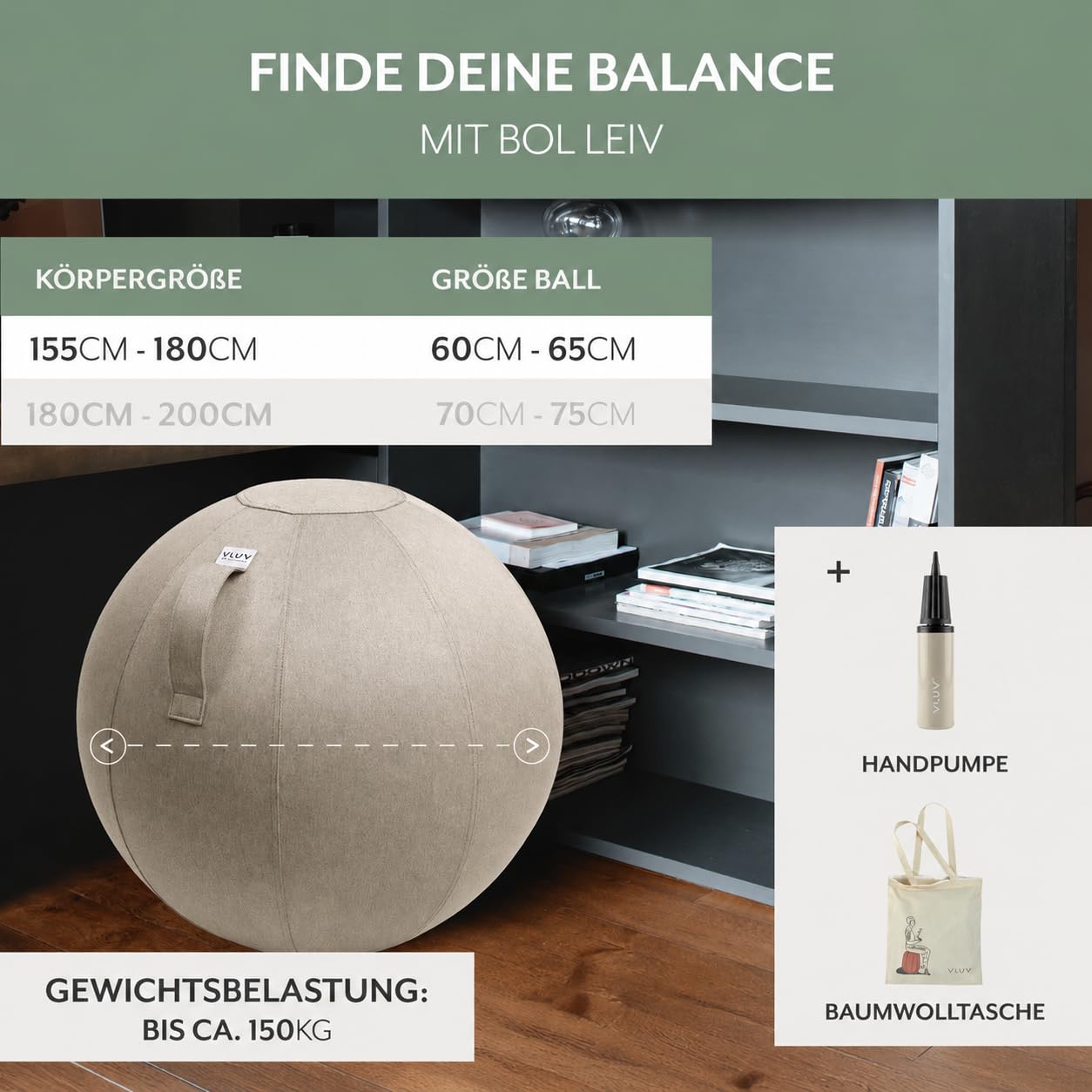 VLUV® BOL LEIV Sitzball mit Möbel-Stoffbezug Stone (Grau) Ø 60-65cm