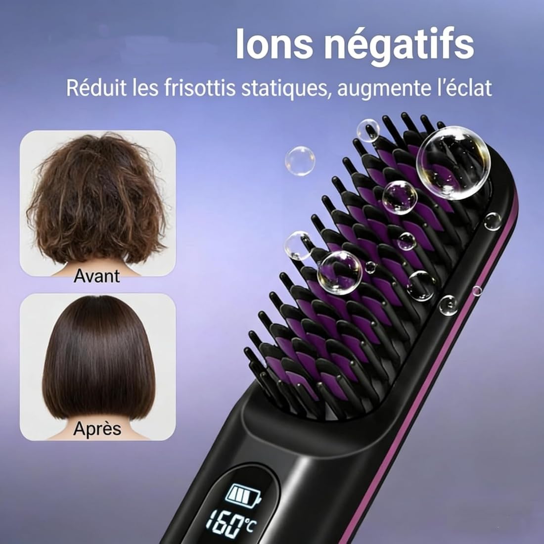 Monarch Stylingbürste für kurzes Haar - Original Styling BüRste, Kabellose Glättbürste mit LED-Anzeige, 3 Temperaturstufen 160-200°C, Wiederaufladbare BüRste für Volumen & Styling (Lila)