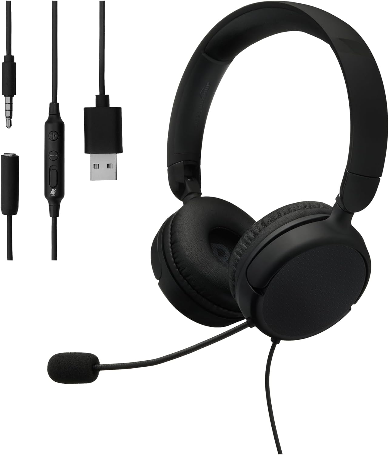 Amazon Basics On Ear Wired Computer Headset with Adjustable Microphone, 3.5mm Port or in Line Control with USB-A Port, Foldable, One Size, Black Amazon Basics On Ear Wired Computer Headset with Adjustable Microphone, 3.5mm Port or in Line Control with USB-A Port, Foldable, One Size, Black