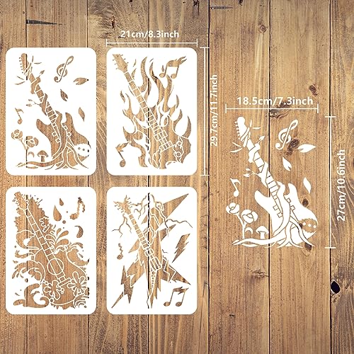FINGERINSPIRE 4 pcs Electric Guitars Stencil 21x29.7cm Reusable Rock Guitars Painting Template Rock Music Decor Stencil Fire Water and Lightning Stencil for Painting on Wood Wall Furniture - Image 2