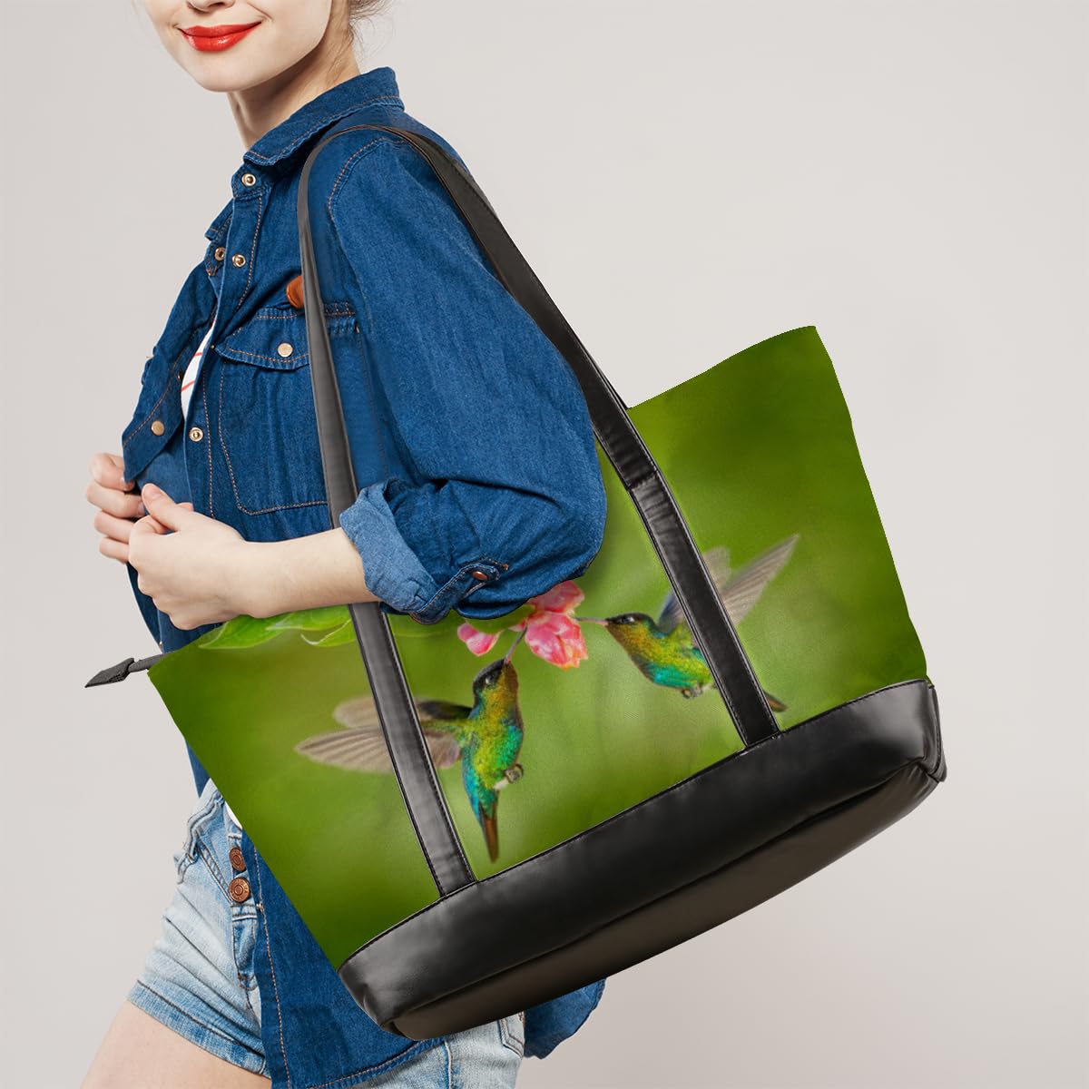 TropicalLife Kolibry kwiat kobiety torba na laptopa kolibry kwiat damski zamek błyskawiczny laptop duża płócienna torebka na ramię torba kurierska do biura podróży na zakupy, Kolor, 15 L